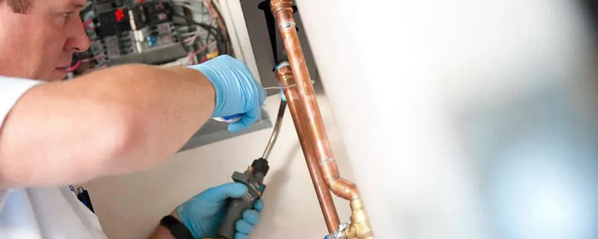 Water heater repair technician testing copper pipe connections and controls in Redmond, WA